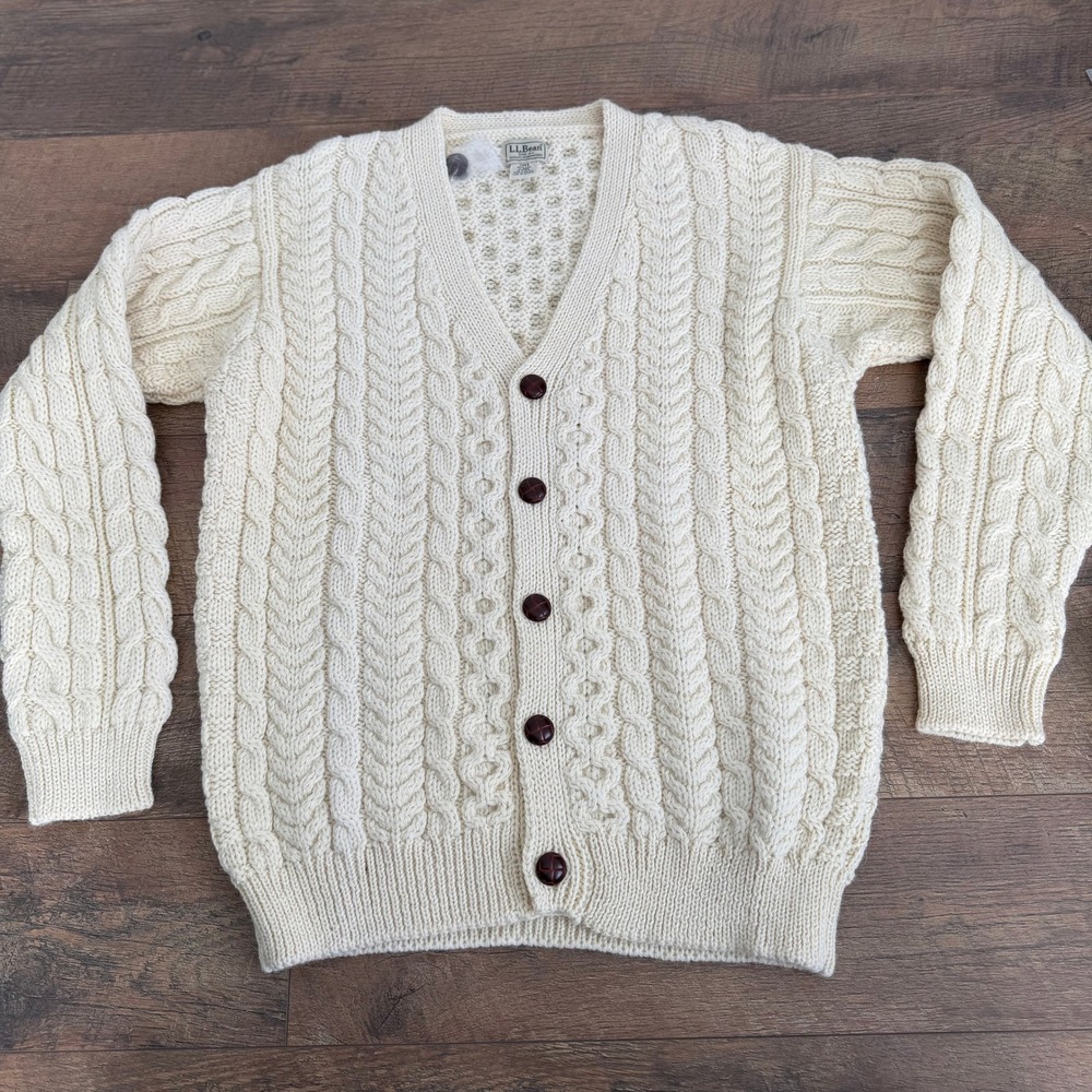 LL Bean Cable Knit Wool Cardigan Sweater Men's Large‎ Cream Ireland